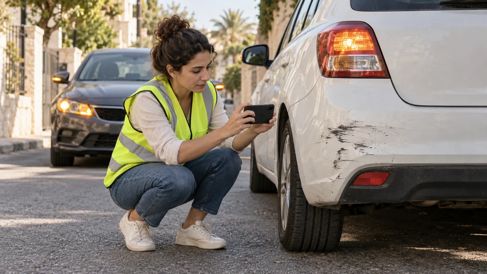 פחח מודד שריטה בדלת רכב בתא צבע של מוסך, אור לבן ונקי, צילום ריאליסטי, ללא לוגו וללא טקסט