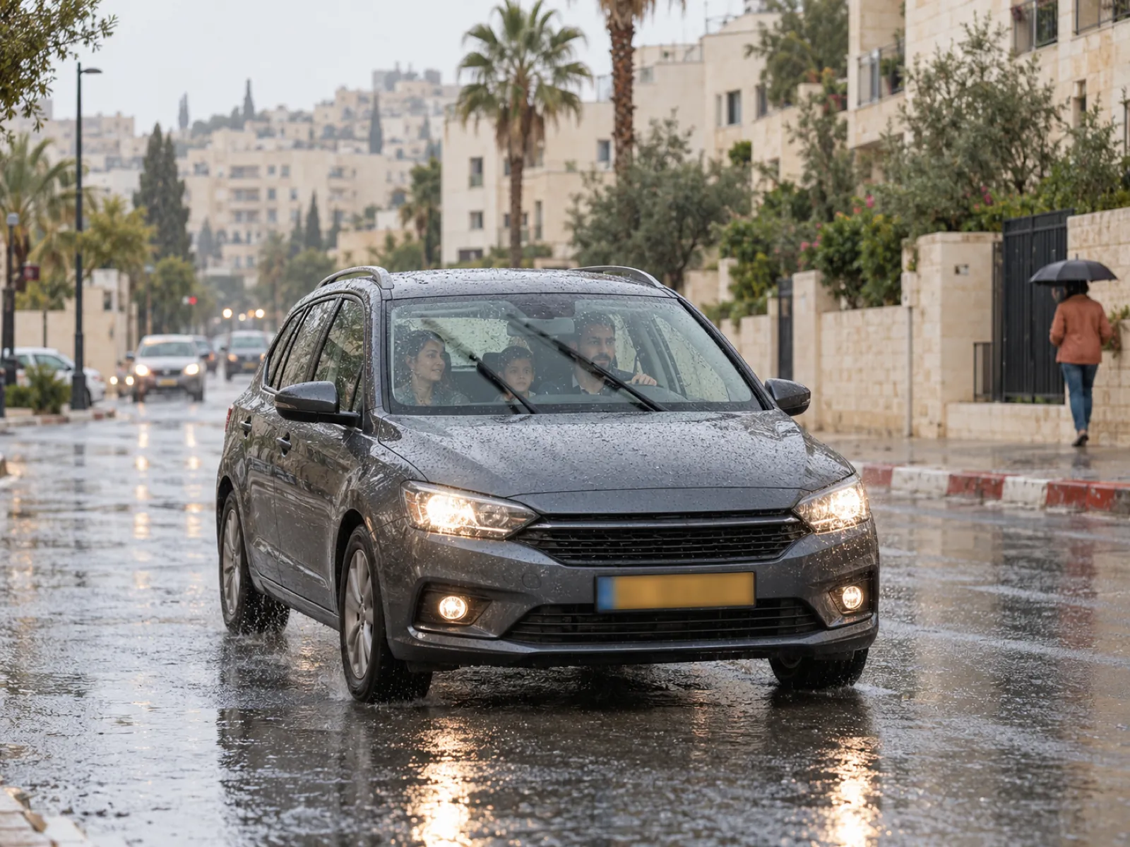 רכב על מתקן כיוון פרונט במוסך עם מכשירי מדידה מחוברים לגלגלים, תאורת סדנה, צילום ריאליסטי, ללא לוגואים וללא טקסט